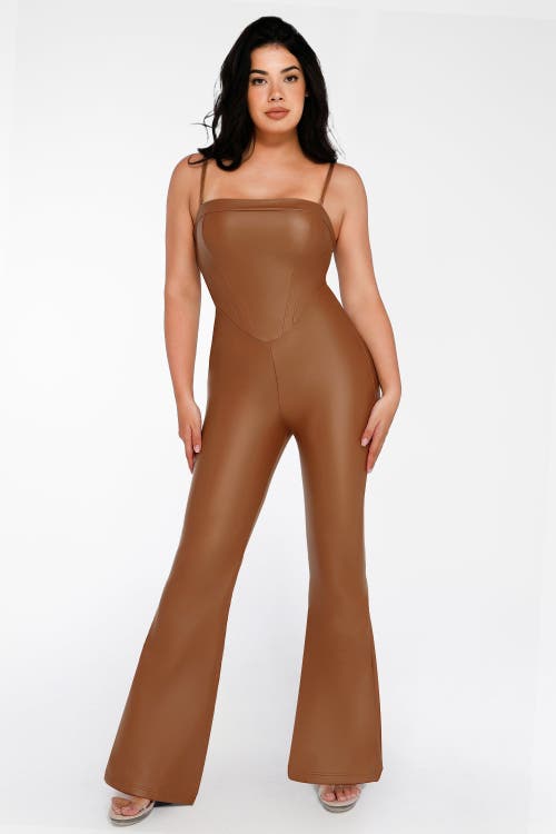 Popilush Shapewear Faux Leather Corset Bodice Slimming Jumpsuit In Saddle Brown