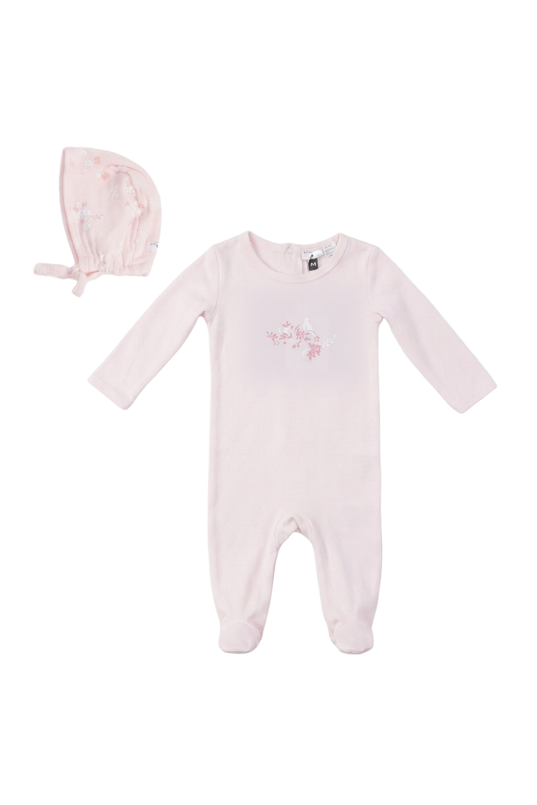 Girl Bird & Floral Chest Detail Bonnet Romper Set, Main, color, Pink