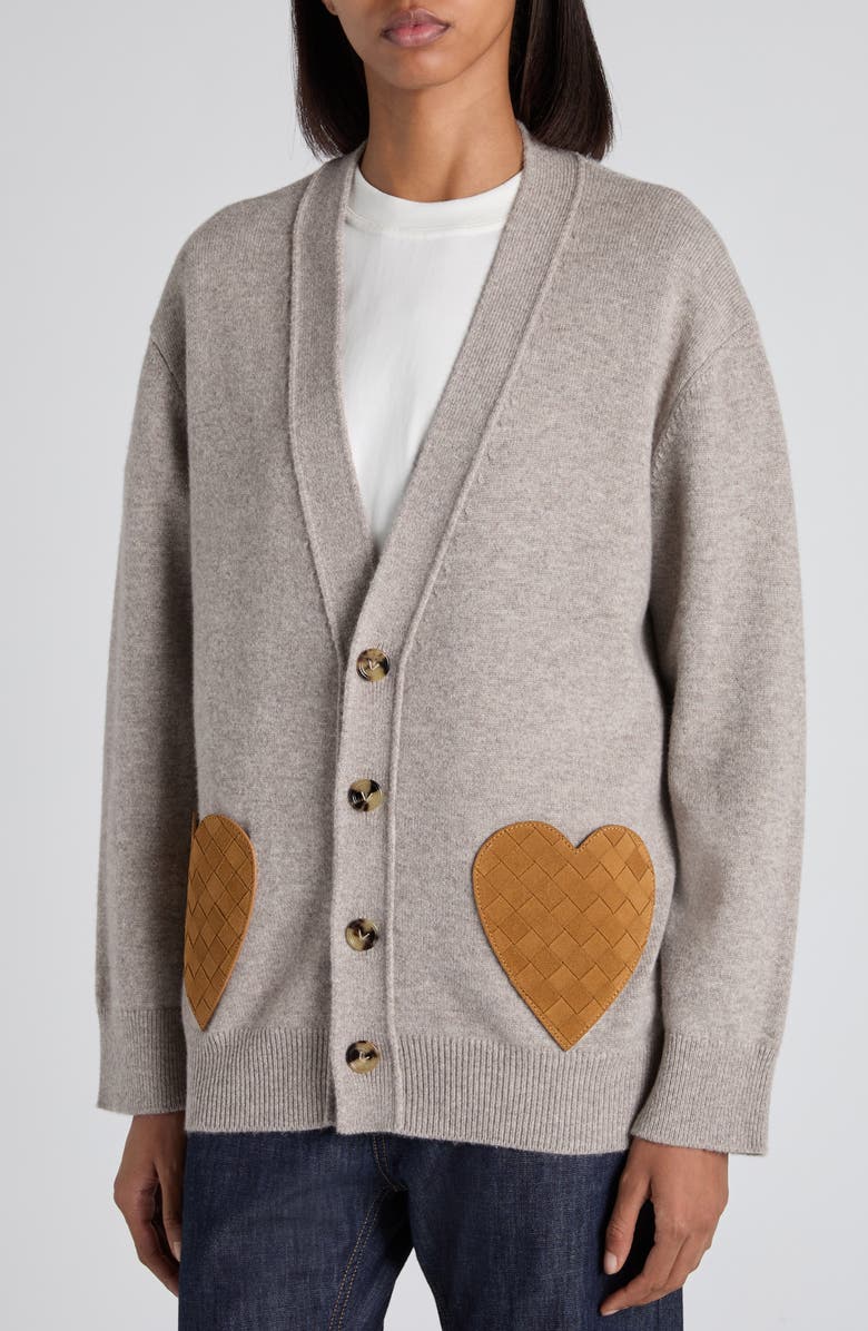 Bottega Veneta Cashmere Blend Cardigan with Intrecciato Suede Hearts, Alternate, color, 1502 Stone Melange