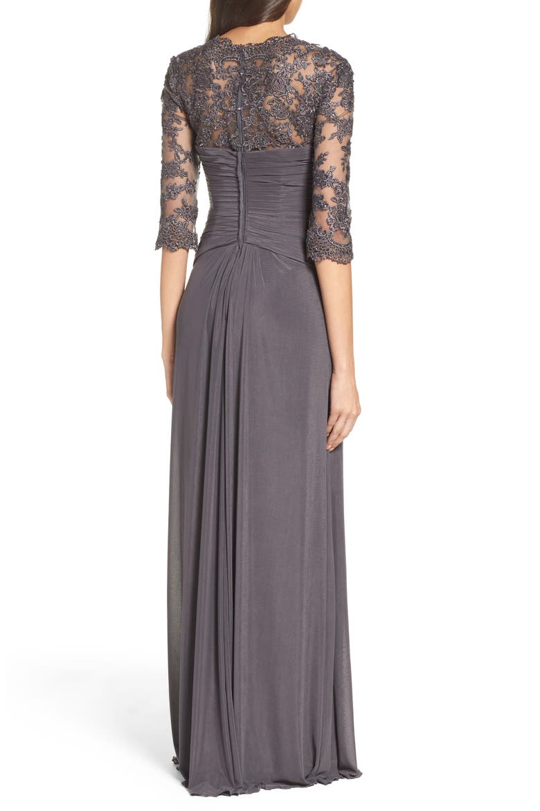 Jersey Gown with Knot Detail and Lace Sleeves, Alternate, color, GUNMETAL