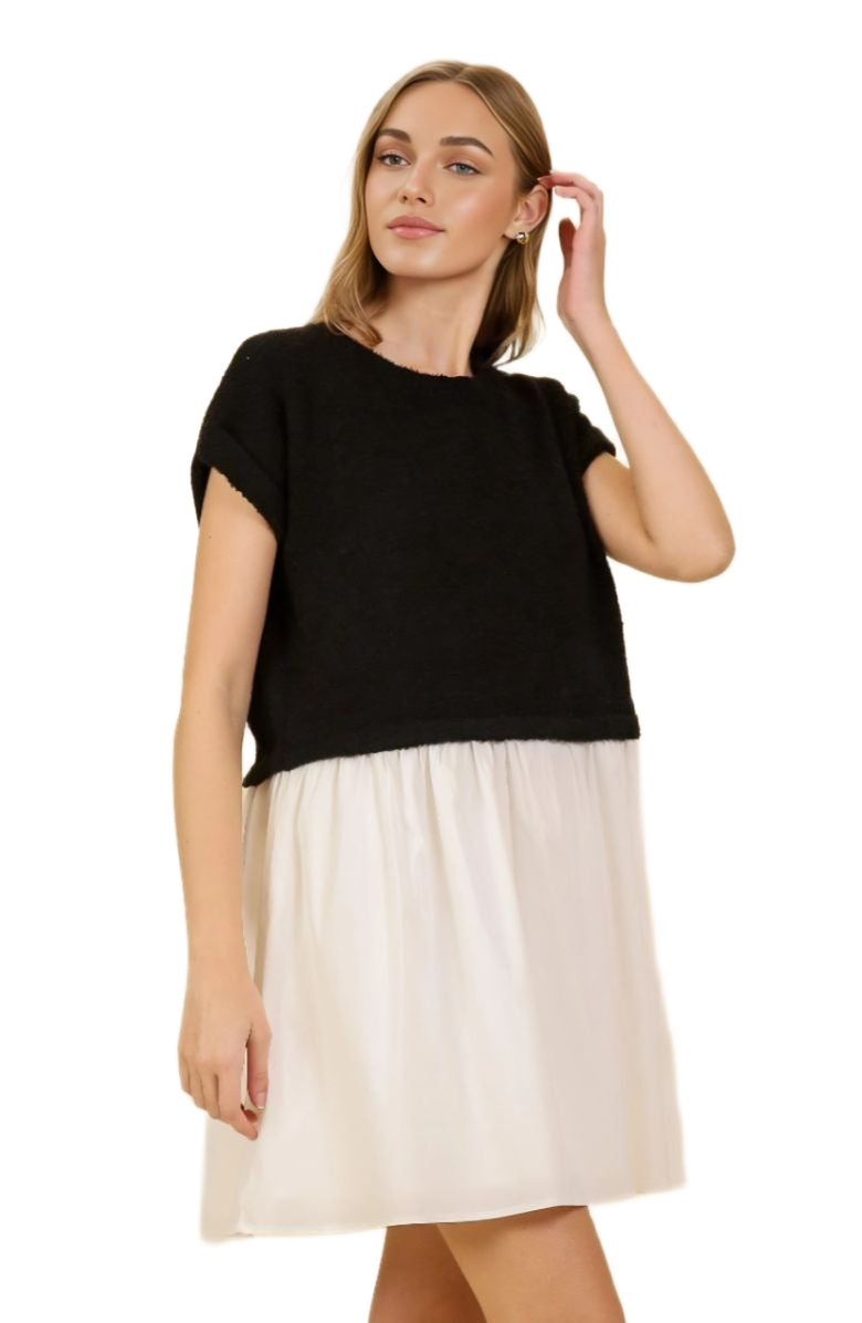 Knit and Lounge Chic Two-Tone Mini Gathered Dress, Alternate, color, Black/White