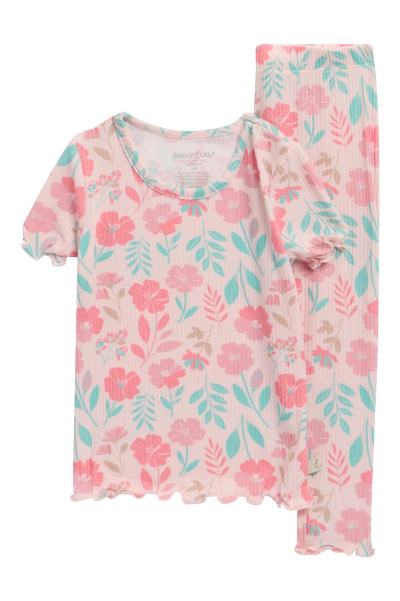 Two-Piece Rib Lettuce Edge Pajamas, Main, color, PINK GROUND FLORAL PRINT