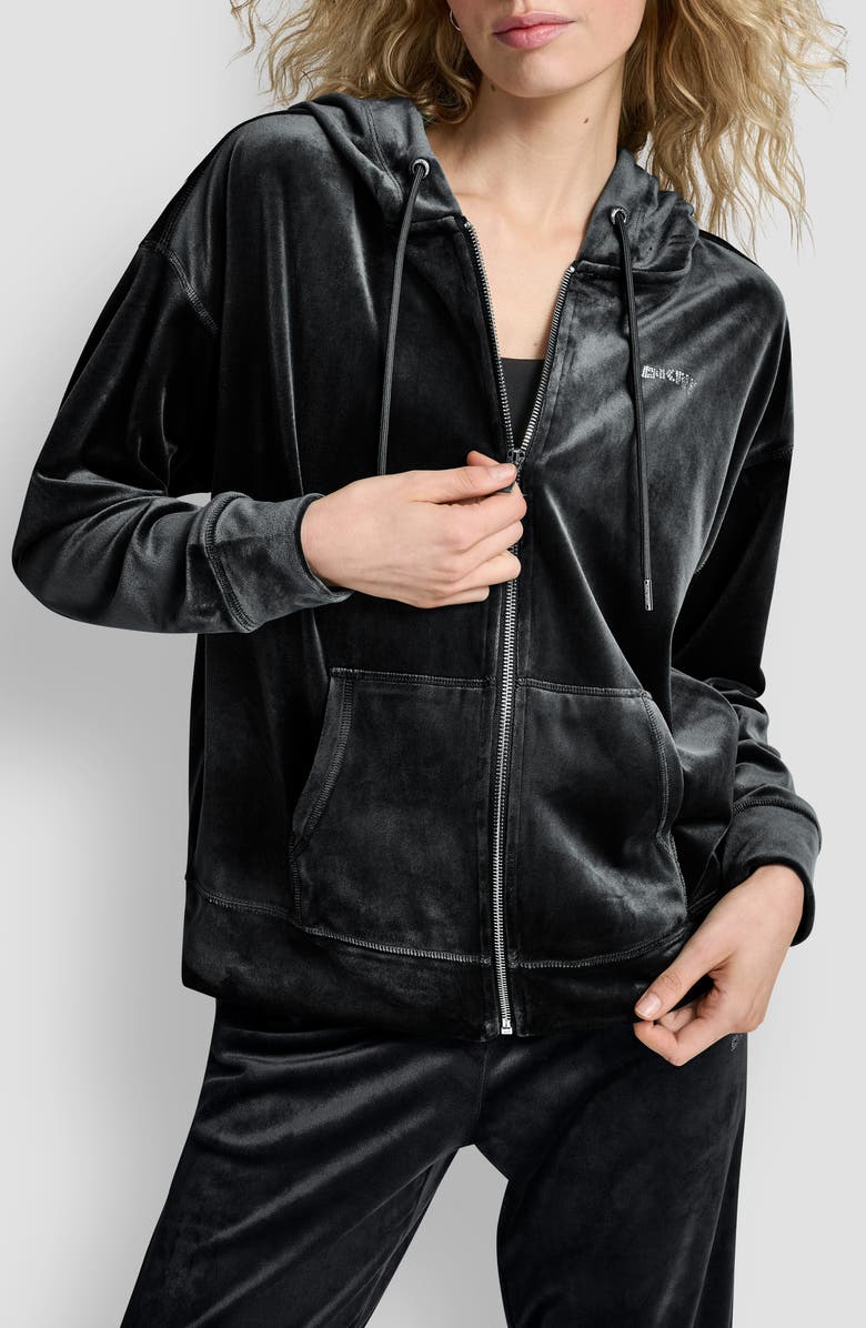 DKNY Rhinestone Velour Zip Hoodie, Main, color, Black