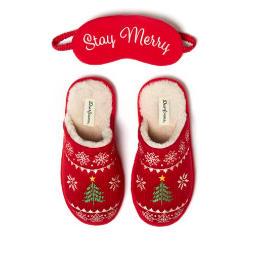 DEARFOAMS Novelty Christmas Knit Scuff Slipper and Eyemask Gift Set in Red 