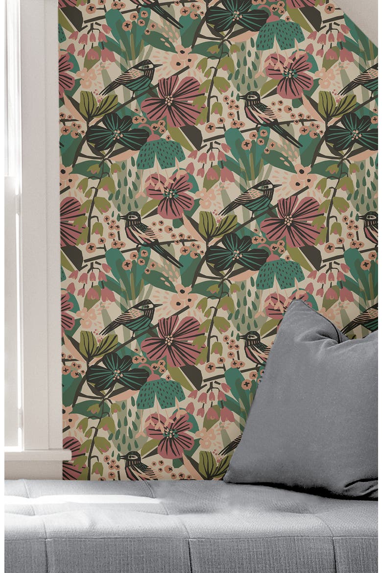 Teal Pink Jaybird Peel and Stick Wallpaper, Alternate, color, PINK