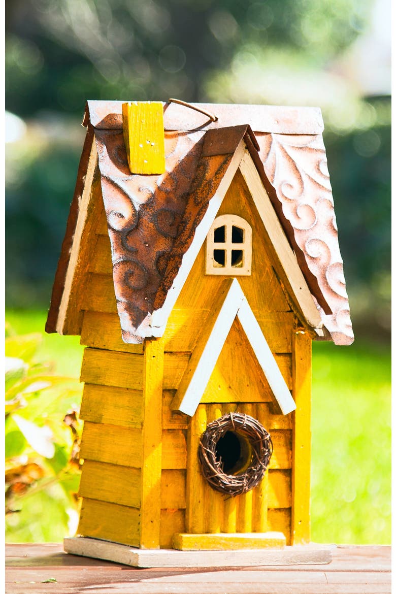 12"H Retro Distressed Painted Solid Wood Cottage Birdhouse, Alternate, color, Yellow