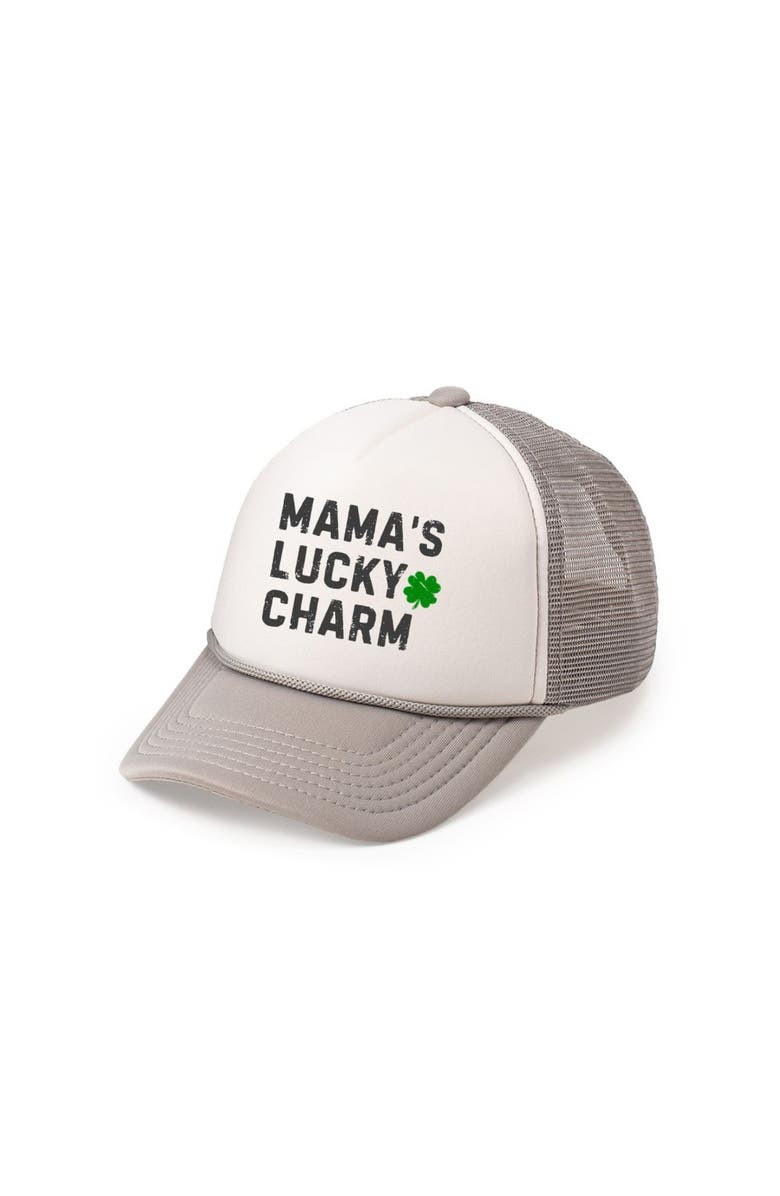 Sweet Wink Mama's Lucky Charm St. Patrick's Day Trucker Hat, Main, color, Gray/White
