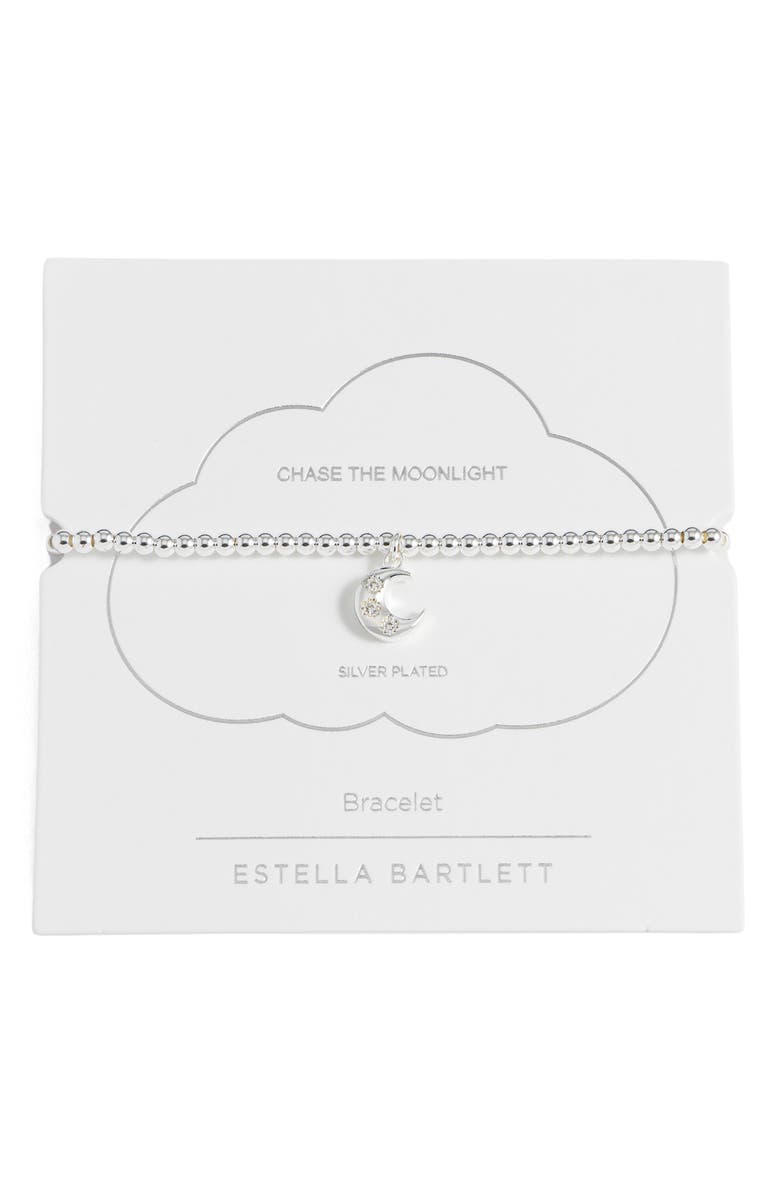 Estella Bartlett Sienna Moon Beaded Stretch Bracelet, Main, color, Silver