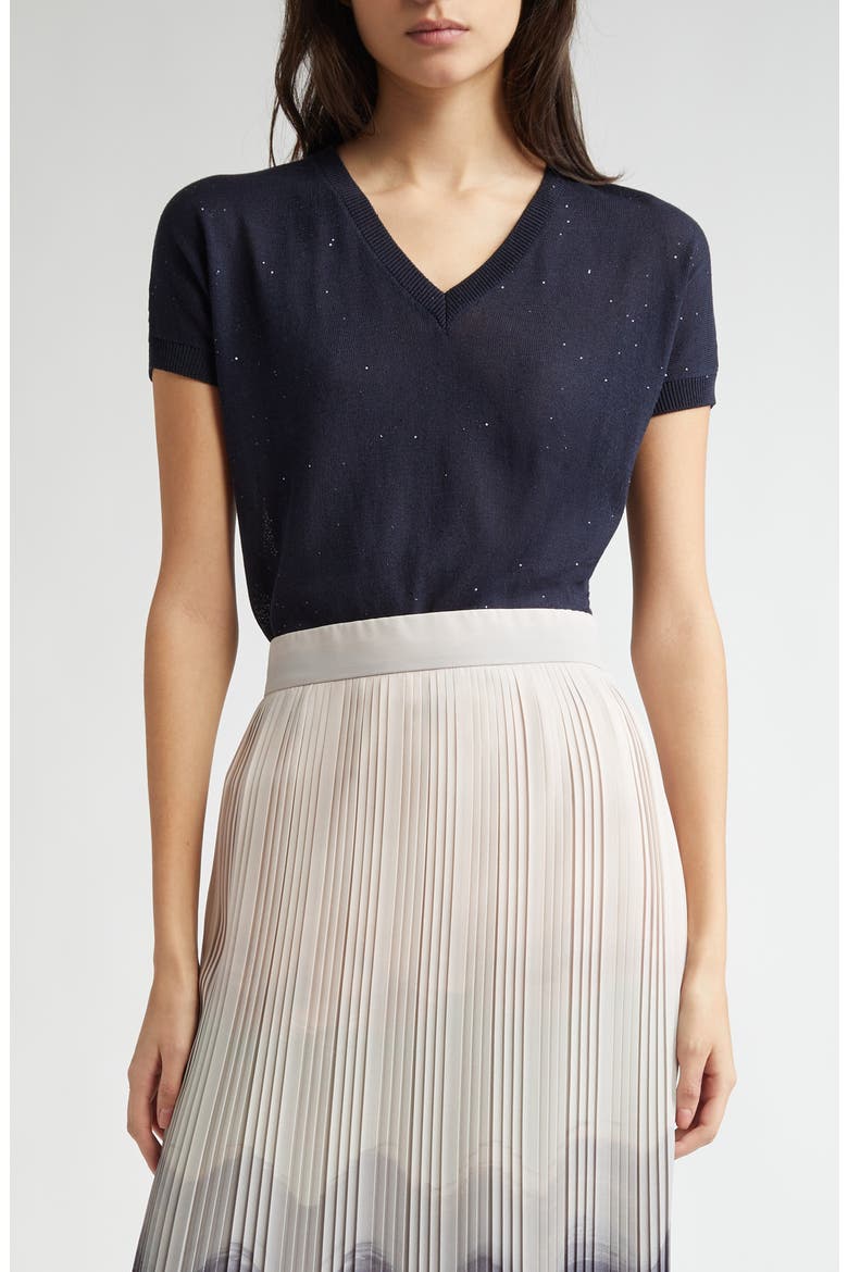 Sequin Silk & Cotton V-Neck Sweater, Main, color, BLUE