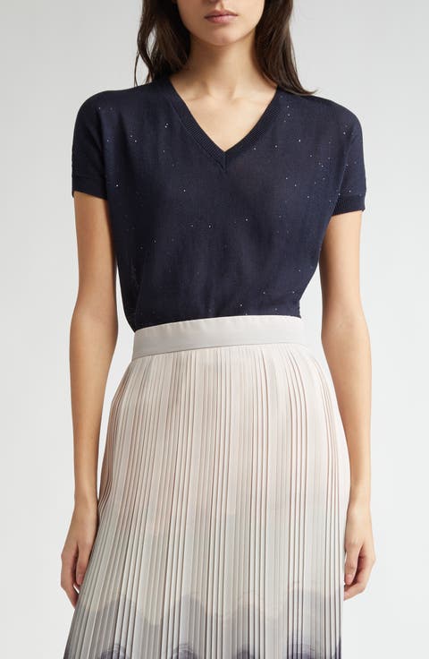 Sequin Silk & Cotton V-Neck Sweater