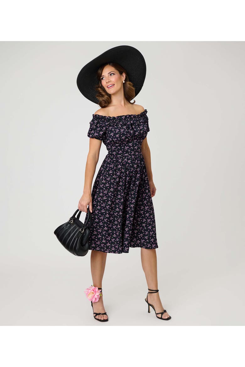 1950s Off The Shoulder Ruffle Swing Dress, Alternate, color, Black w/ Purple Floral Print