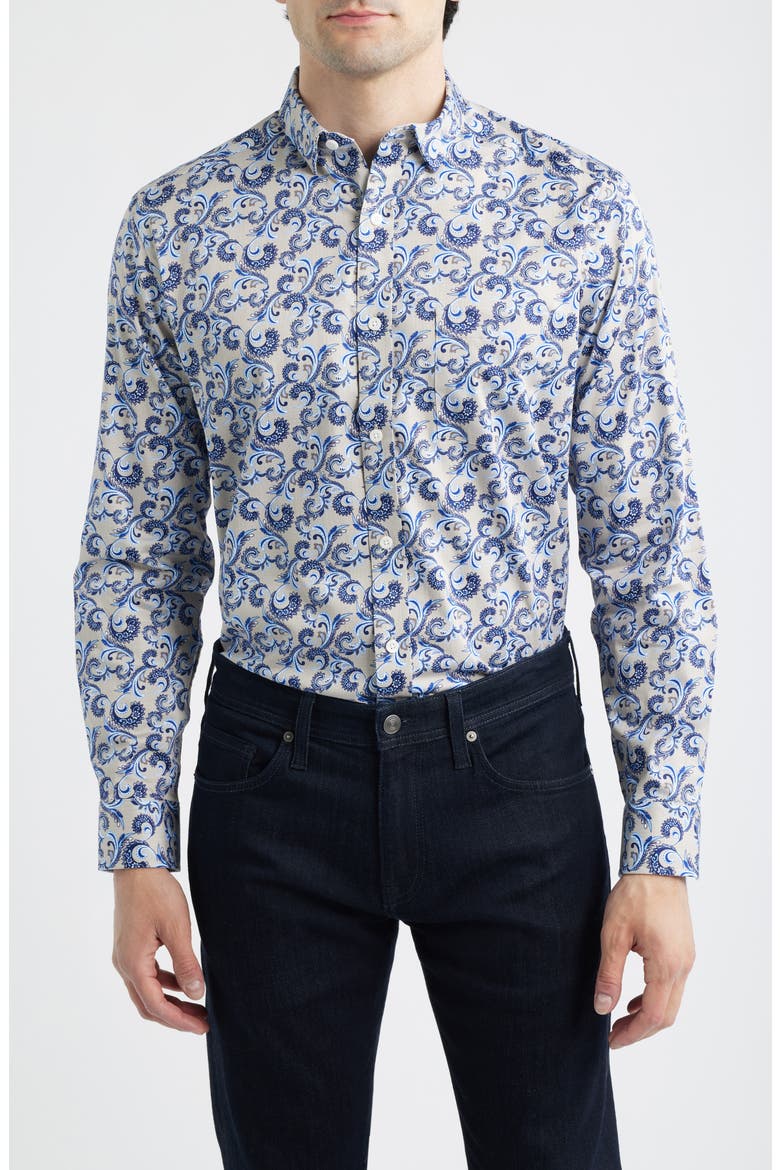 Logan Print Button-Up Shirt, Main, color, TAN CHECKERED PAISLEY