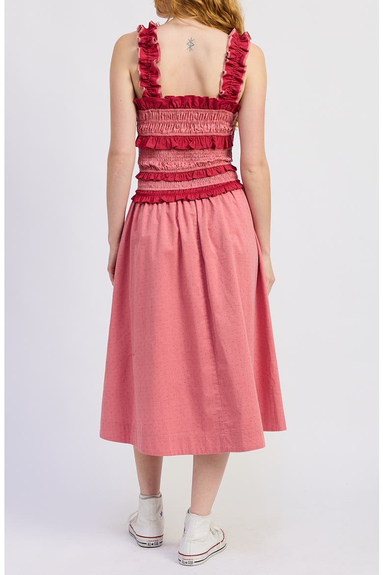 Ada Micro Dot Tiered Ruffle Trim Midi Dress, Alternate, color, RED TONAL