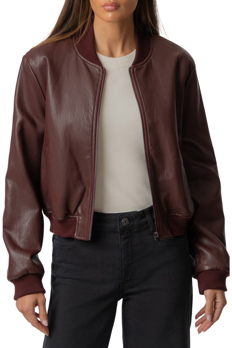 Steph Zip Front Faux Leather Bomber Jacket, Main, color, BORDEAUX