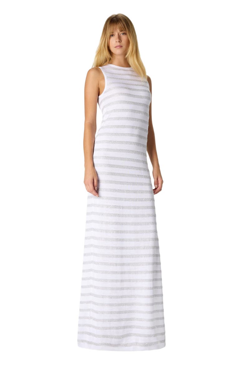 Sleeveless Long Dress In Striped Viscose With Slit, Main, color, White