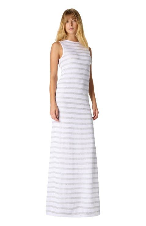 Sleeveless Striped Viscose Gown With Slit