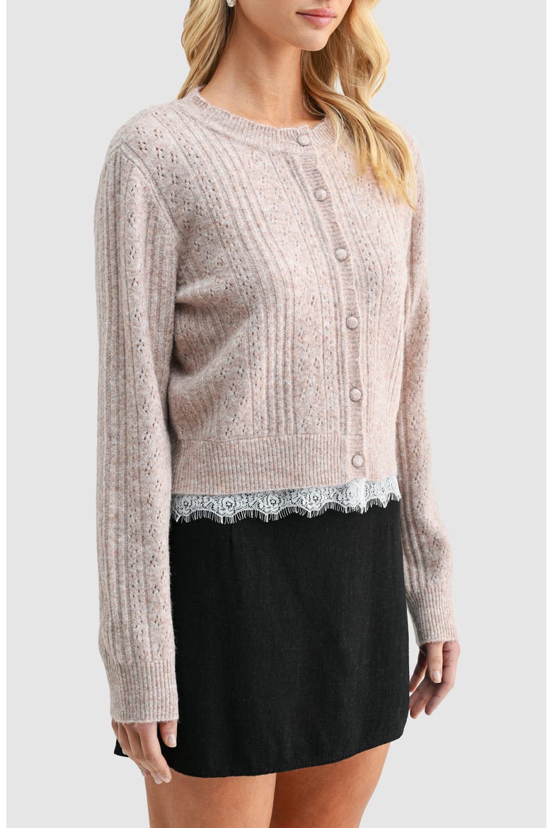 Lace Trim Pointelle Cardigan, Alternate, color, TAUPE