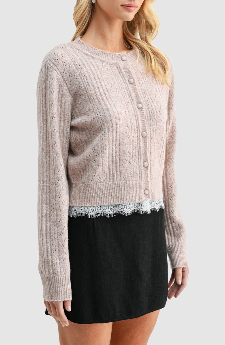 All in Favor Lace Trim Pointelle Cardigan, Alternate, color, Taupe