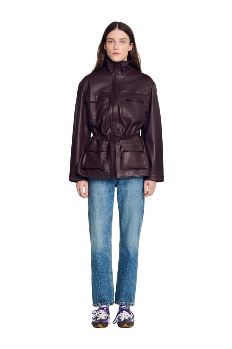 Oversized leather collar jacket, Alternate, color, Bordeaux