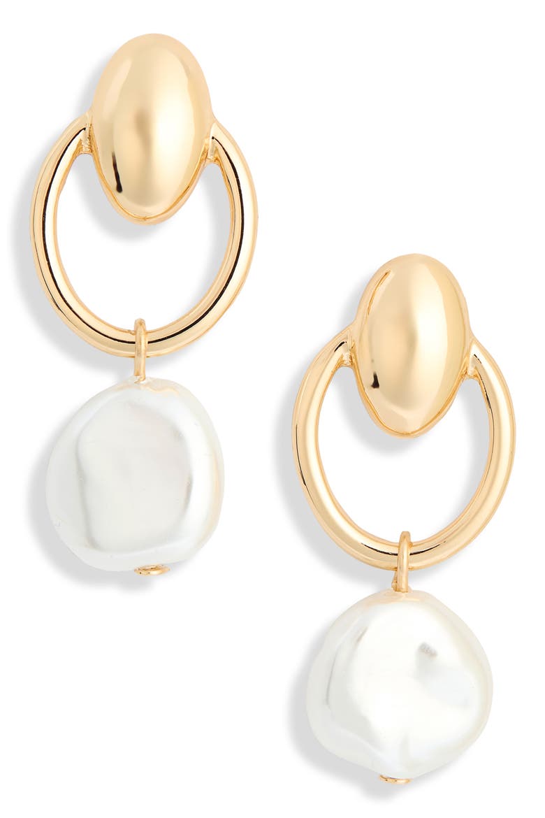 Faux Pearl Hoop Earrings, Main, color, WHITE- GOLD
