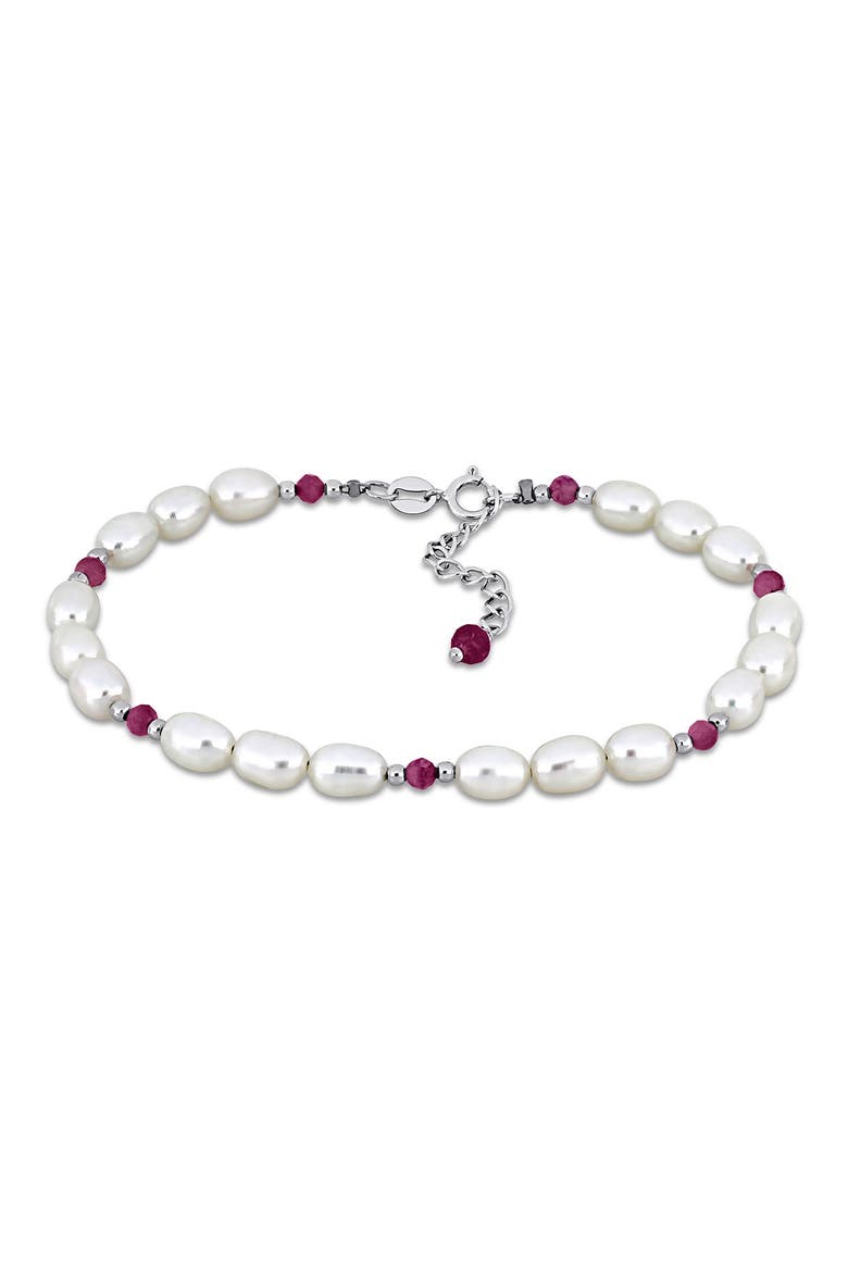 Cultured Pearl & Pink Tourmaline Bead Bracelet, Main, color, RED