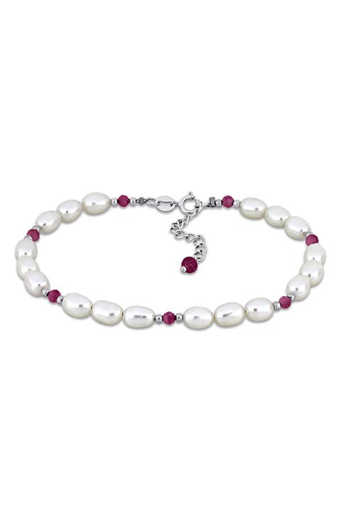 Cultured Pearl & Pink Tourmaline Bead Bracelet