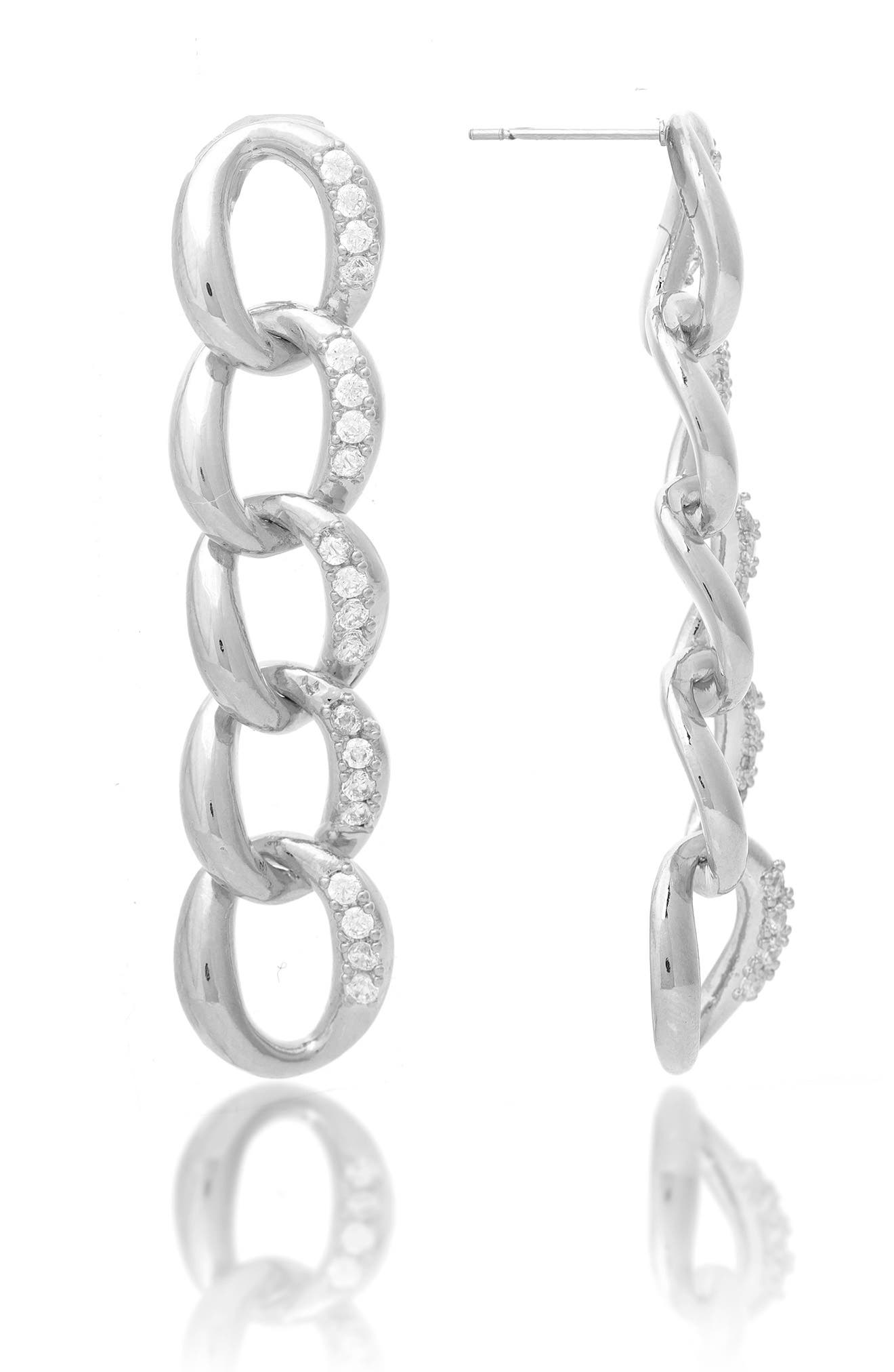 RIVKA FRIEDMAN White Rhodium Clad Curb Link Cubic Zirconia Drop Earrings