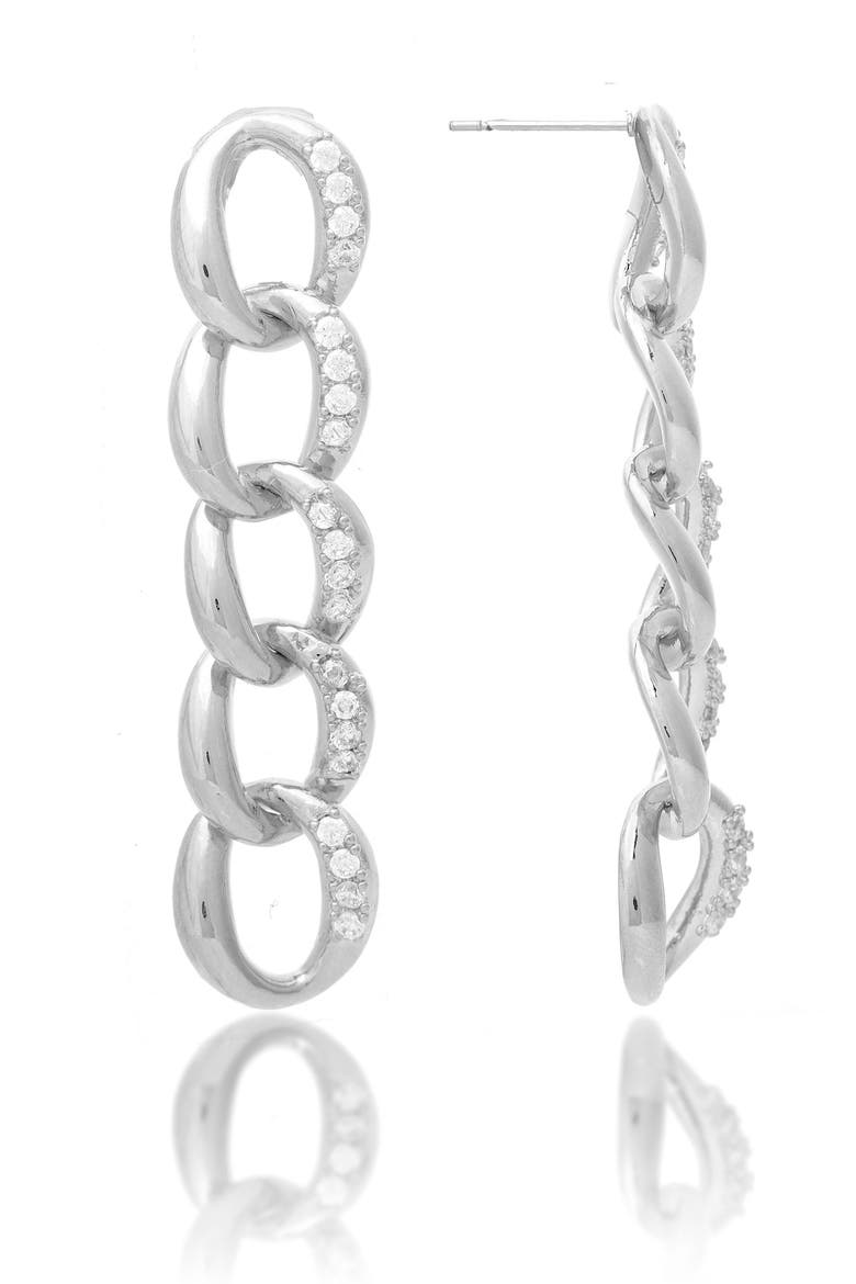 White Rhodium Clad Curb Link Cubic Zirconia Drop Earrings, Main, color, WHITE RHODIUM CLAD