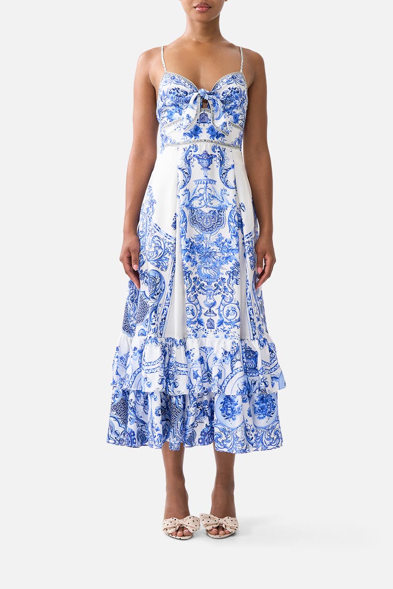 Ruffle Hem Tie Front Midi Dress, Main, color, Ceramic Panoramic