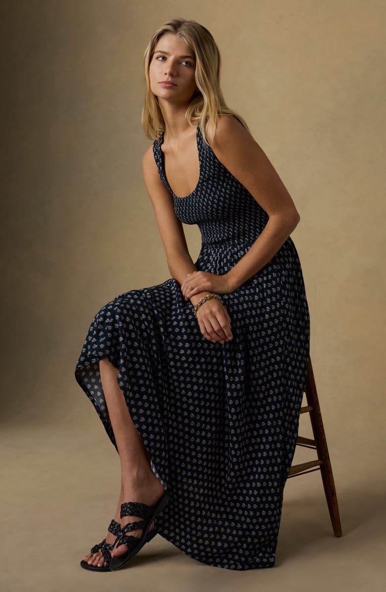 Faherty Sophia Smocked Sleeveless Maxi Dress, Alternate, color, Navy Lotus Floral