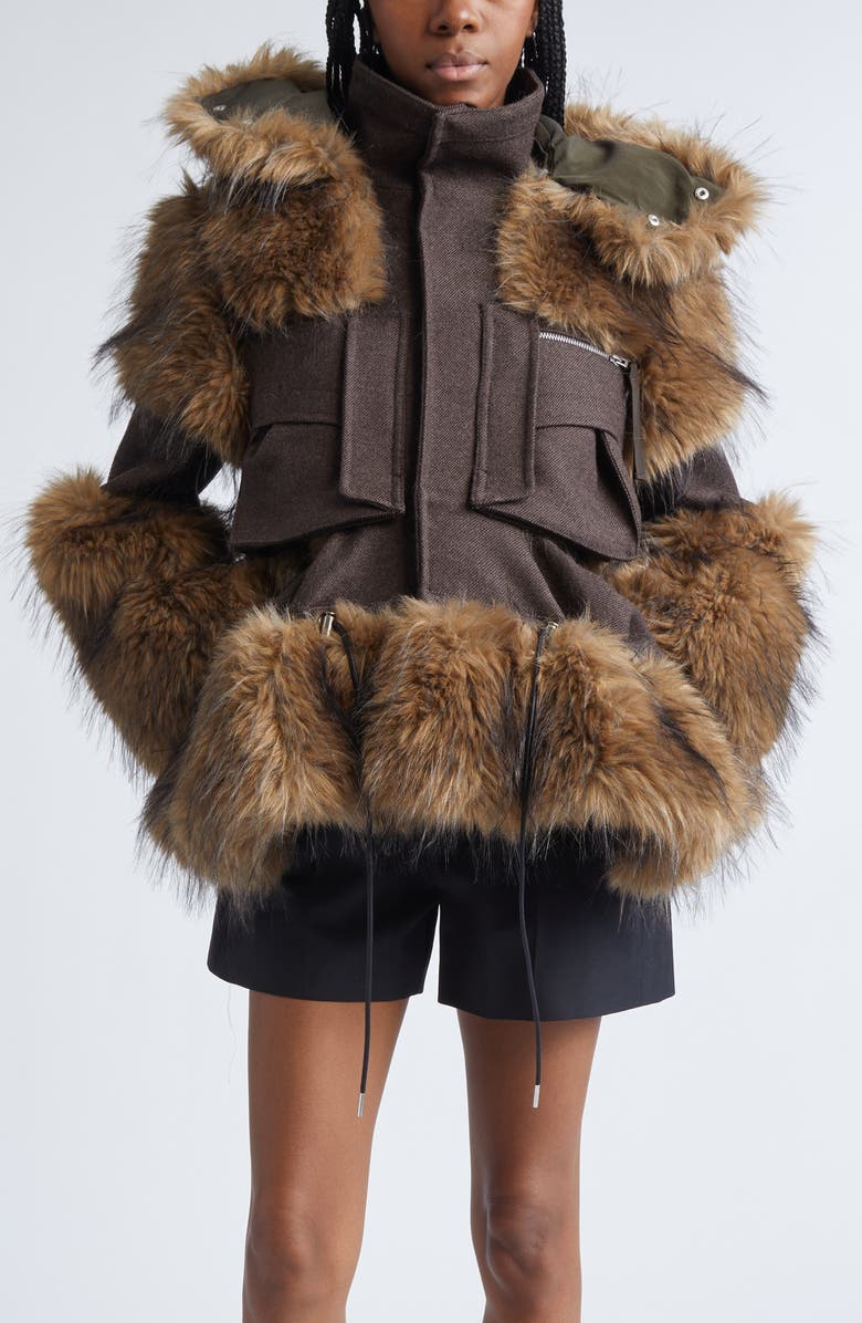 Sacai Melton Wool & Faux Fur Jacket, Main, color, Brown/ Beige