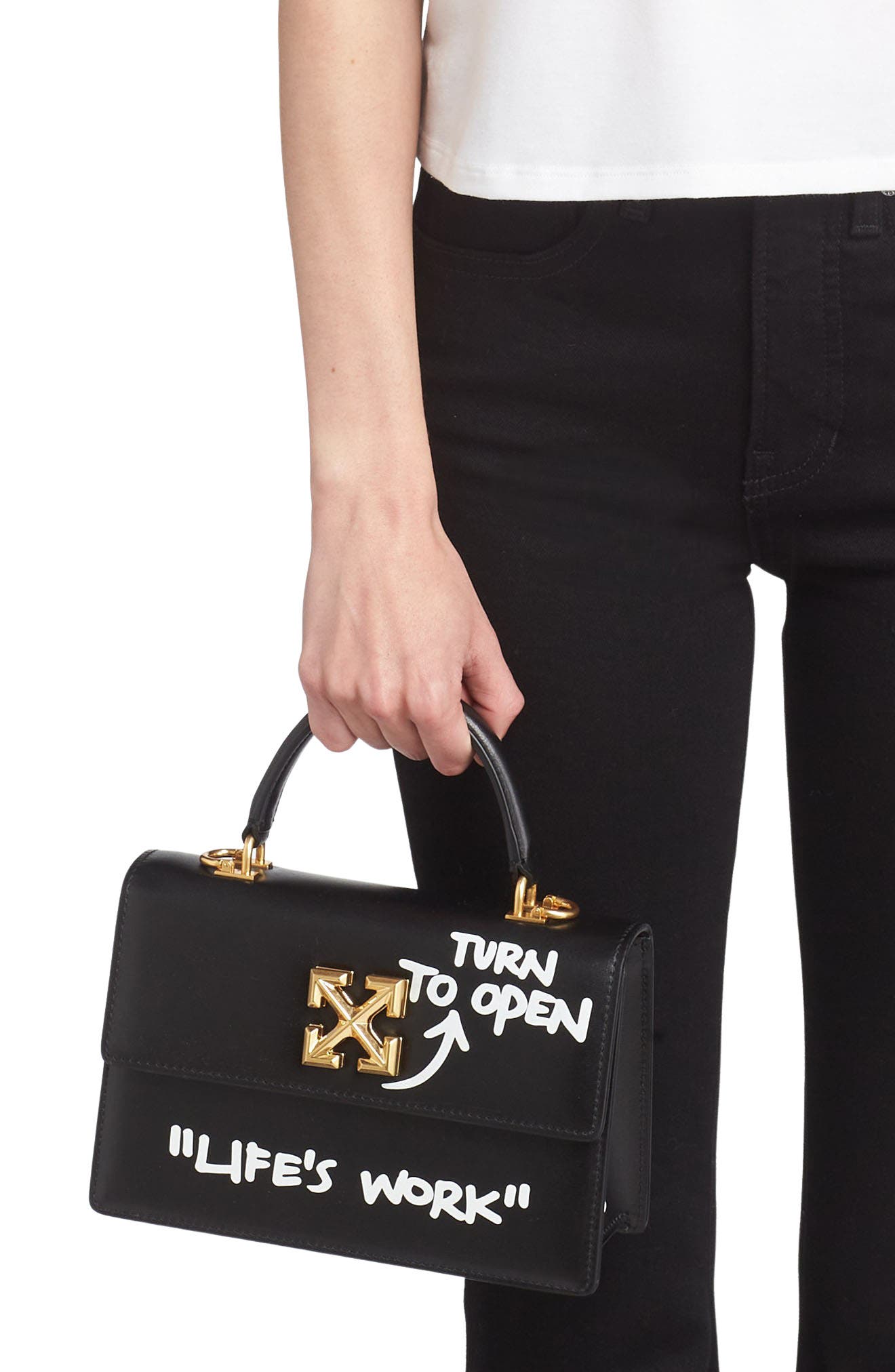 Off-White Jitney 1.4 Quote Leather Top Handle Bag, Alternate, color, 