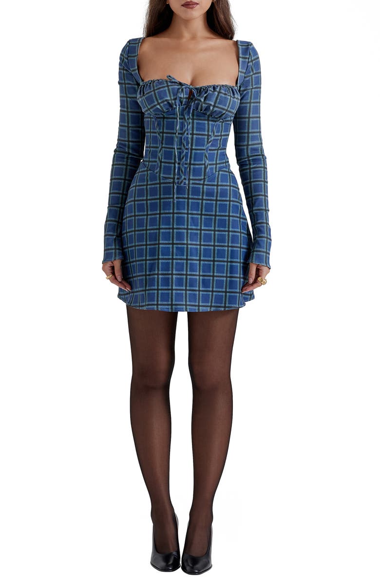HOUSE OF CB Malika Long Sleeve Cocktail Minidress, Main, color, Blue Tartan Print