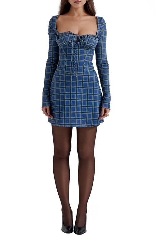 Shop House Of Cb Malika Long Sleeve Cocktail Minidress In Blue Tartan Print