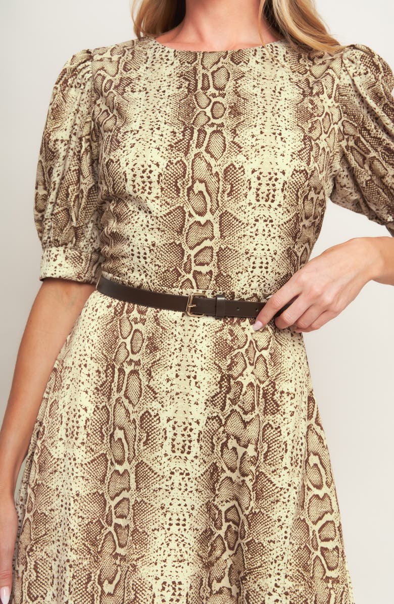 FLYING TOMATO Animal Print Puff Sleeve Midi Dress, Alternate, color, Taupe Brown