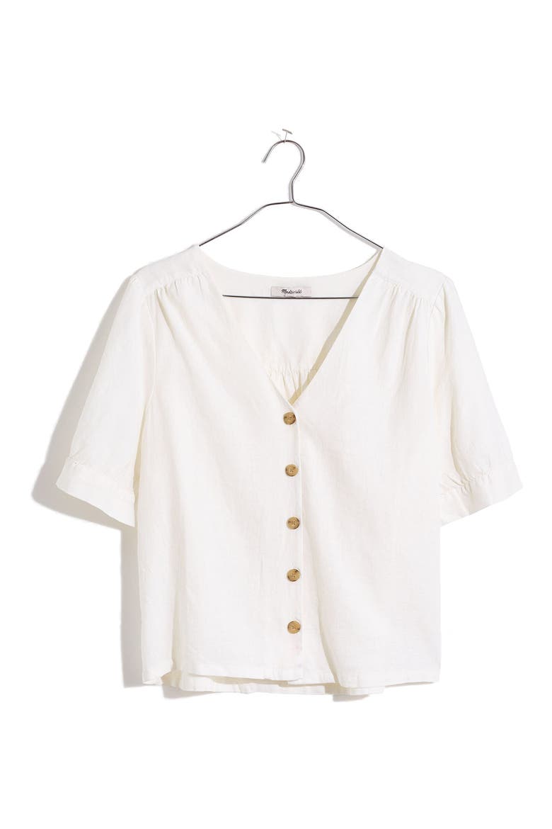 Plaza Button Front Linen Blend Shirt, Alternate, color, EYELET WHITE