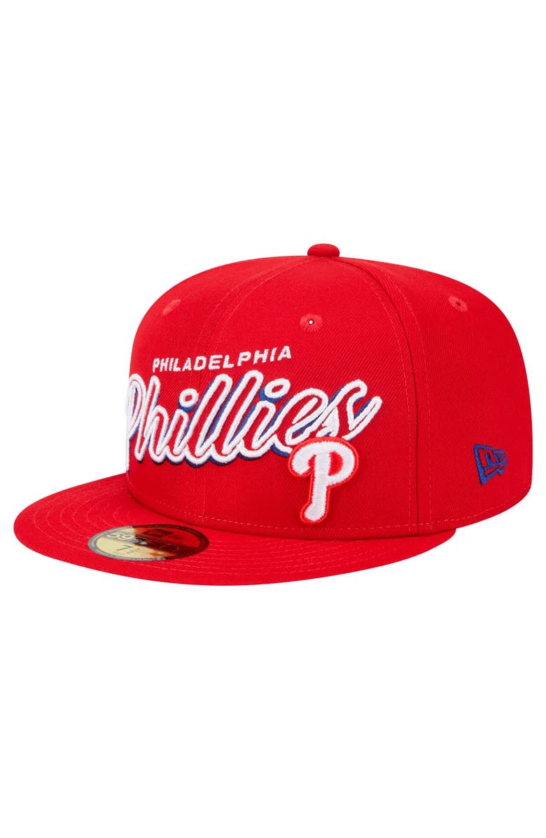 New Era Men's New Era Red Philadelphia Phillies Script Sided 59FIFTY Fitted Hat, Alternate, color, 