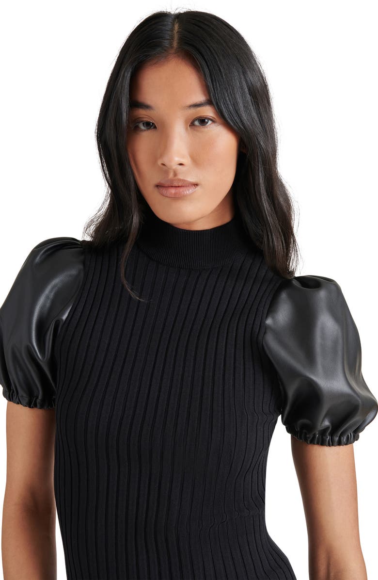 Steve Madden Peggy Mixed Media Faux Leather Sleeve Sweater, Alternate, color,