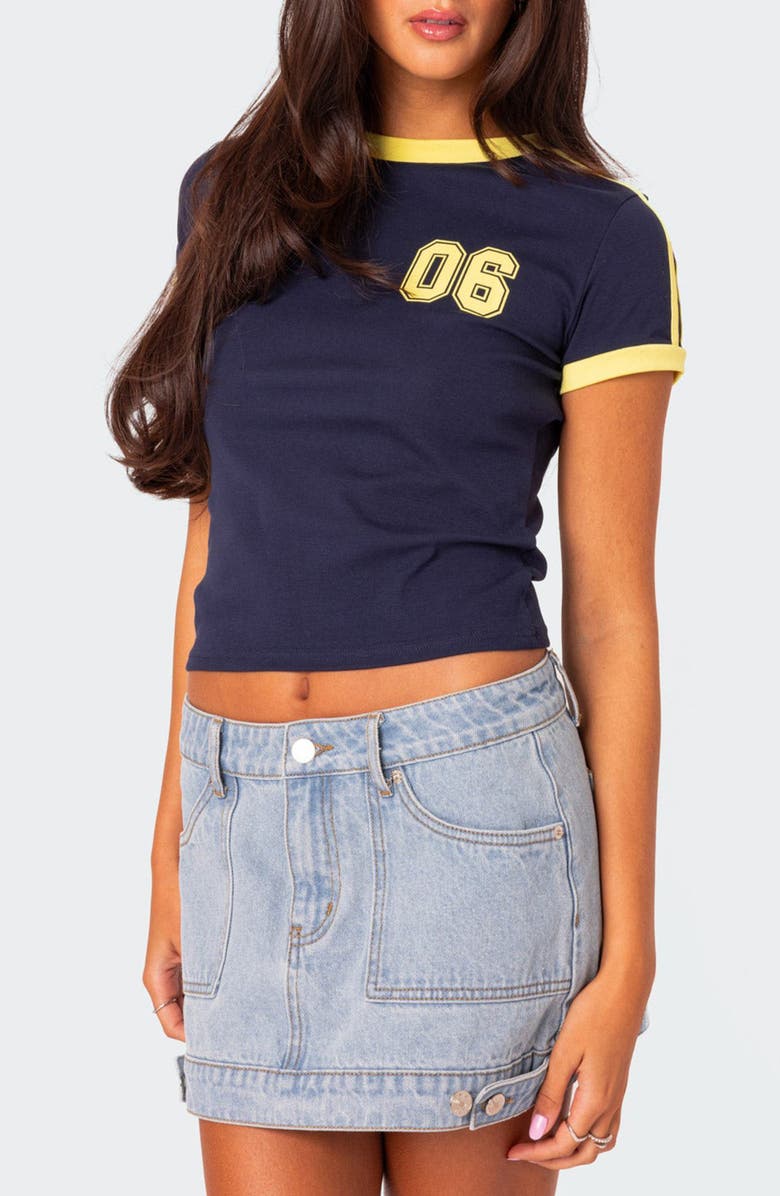 EDIKTED Kassidy Contrast Stretch Cotton Graphic Ringer T-Shirt, Alternate, color, Navy