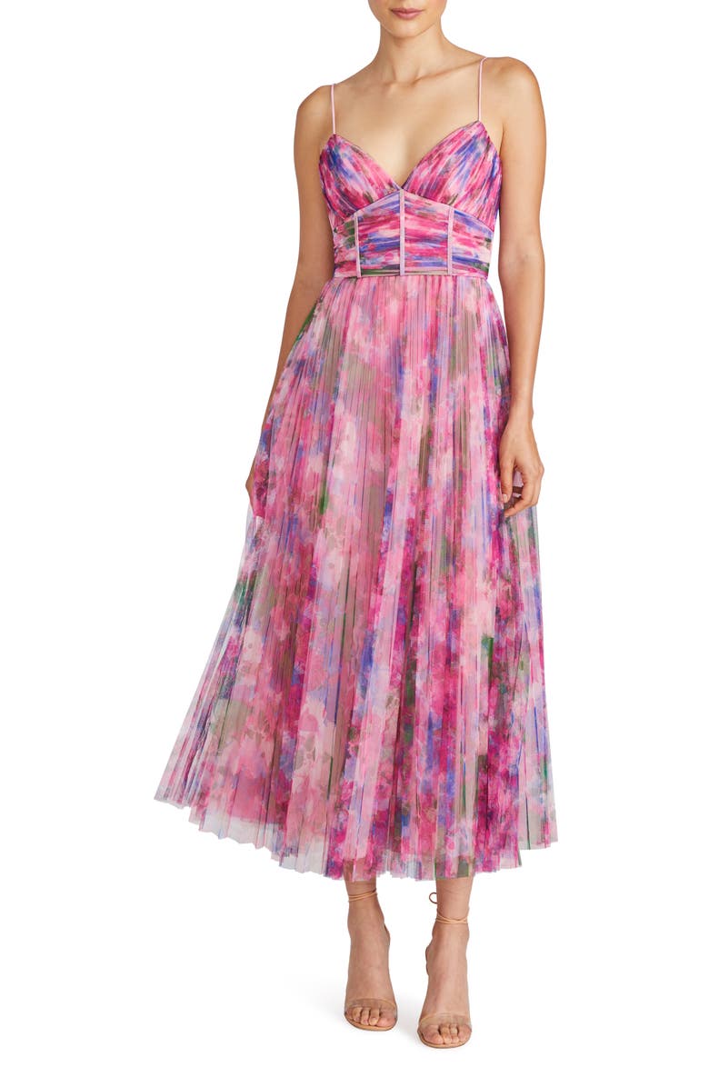 ML Monique Lhuillier Madison Floral Plissé Tulle Midi Cocktail Dress, Main, color, Waterlily Floral