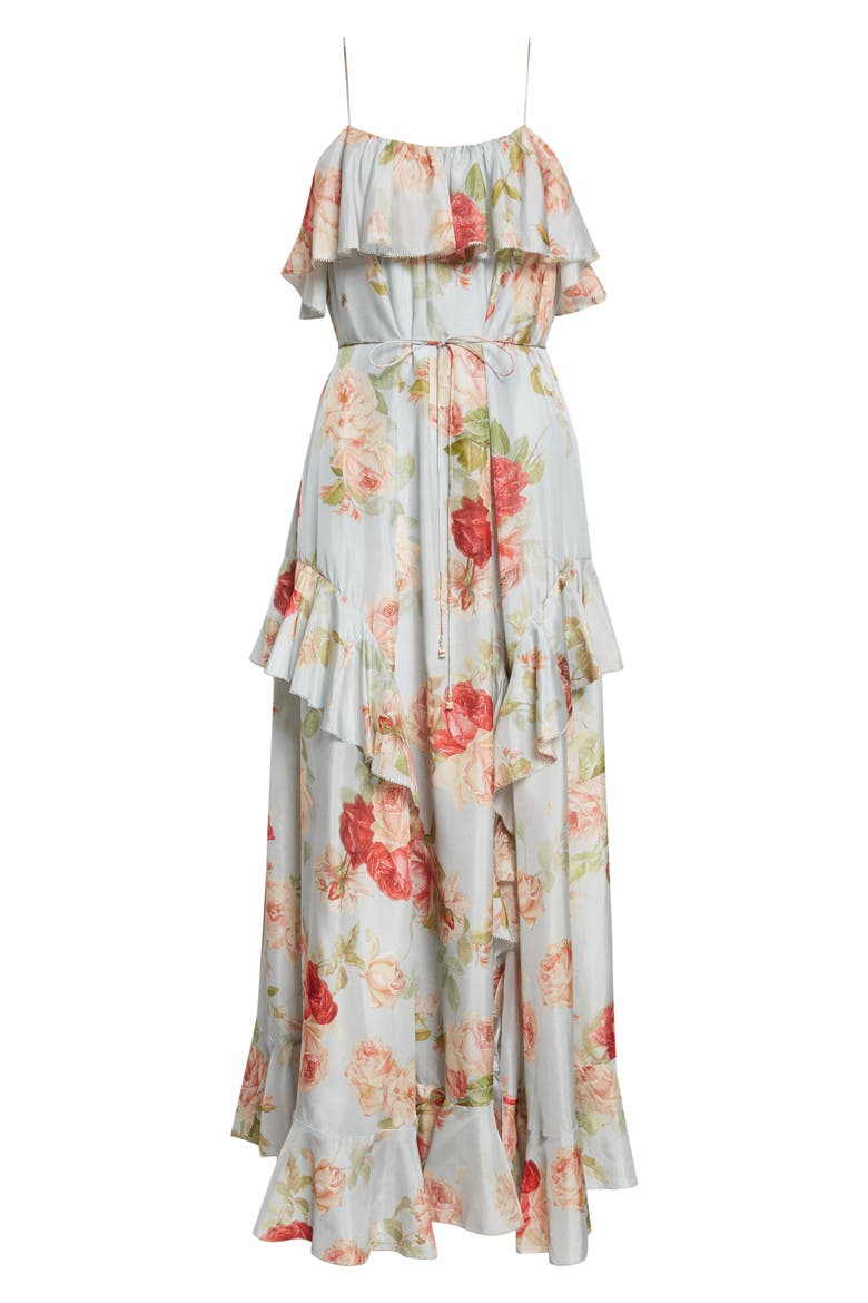 Roselight Frill Silk Habutae Maxi Dress, Alternate, color, BLUE ROSE FLORAL