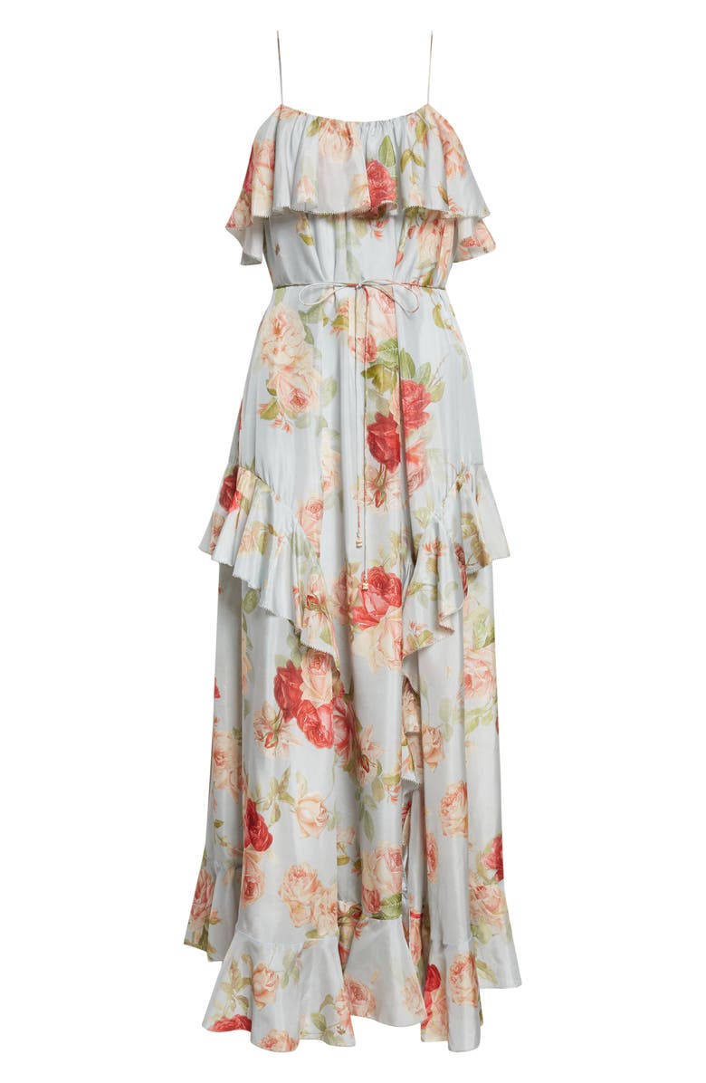 Zimmermann Roselight Frill Silk Habutae Maxi Dress, Alternate, color, Blue Rose Floral