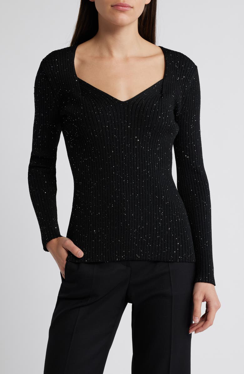 BOSS Ferim Sparkle Sweetheart Neck Rib Top, Main, color, Black