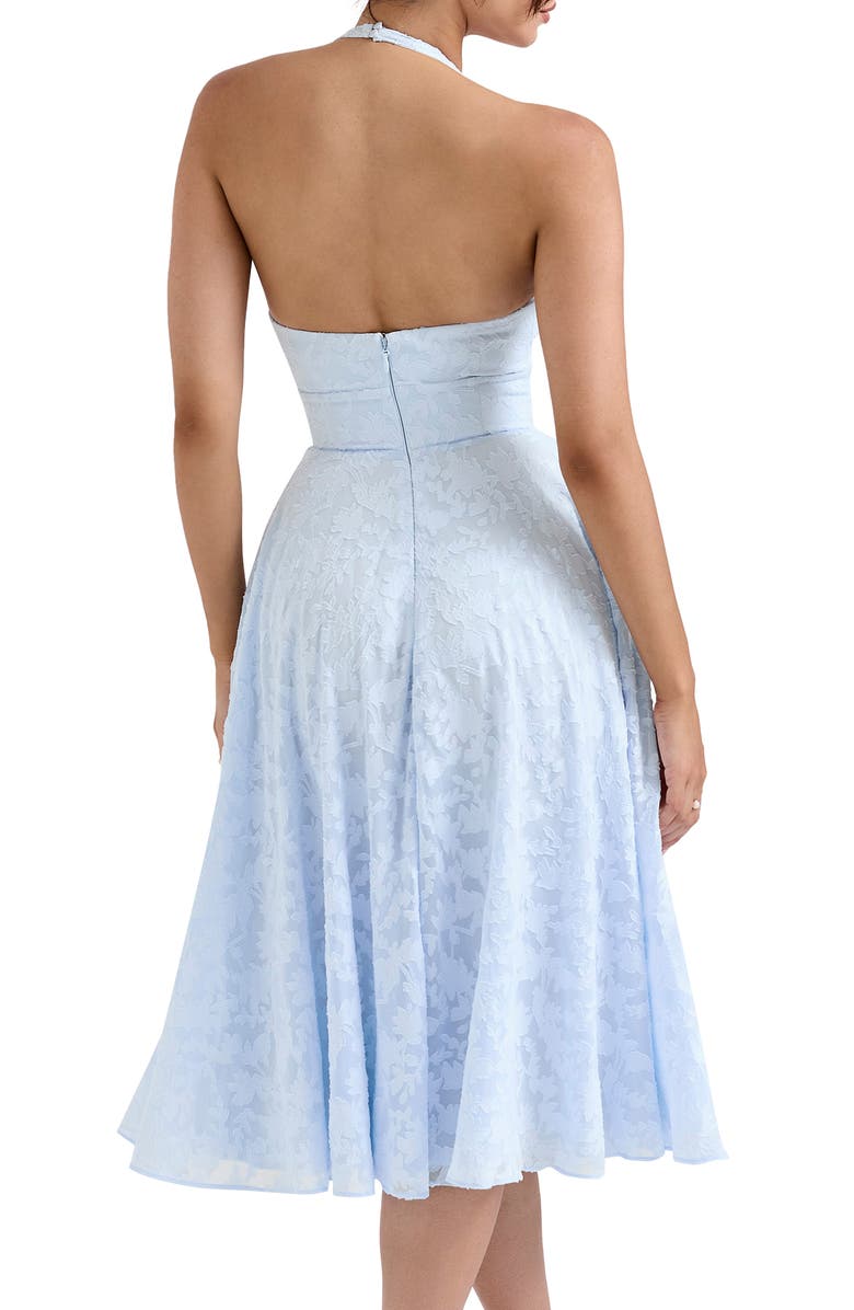 HOUSE OF CB Arietta Floral Jacquard Plunge Halter Neck Dress, Alternate, color, Ice Water