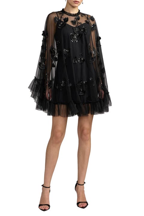 Embellished Long Sleeve Trapeze Dress with Ruffle Hem