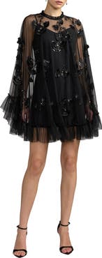 Mac Duggal Embellished Long Sleeve Trapeze Dress with Ruffle Hem