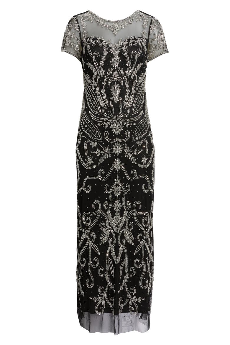 Beaded Mesh Gown, Alternate, color, BLACK/ SILVER