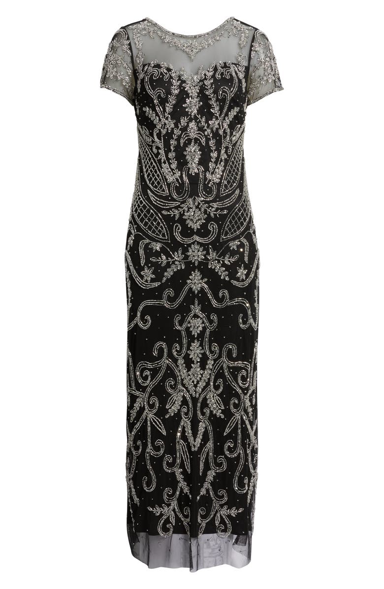 Pisarro Nights Beaded Mesh Gown, Alternate, color, Black/ Silver