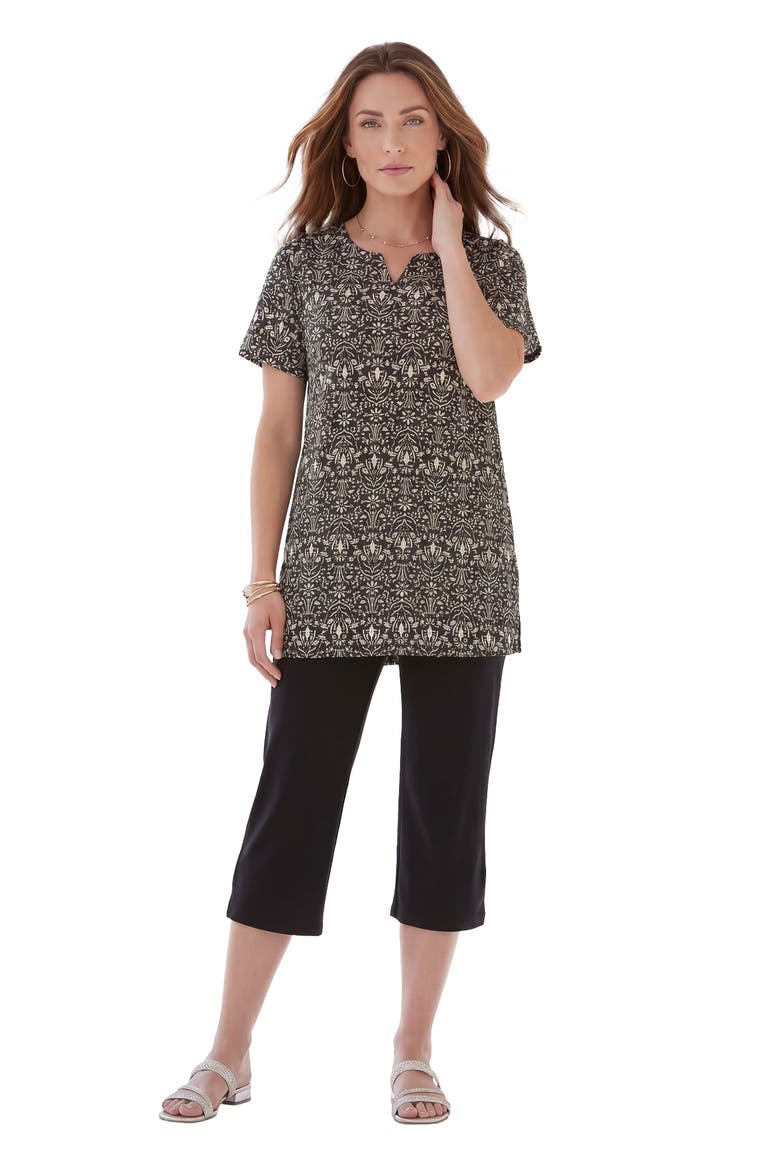 Plus Size Soft Knit Print Tunic With Notch Neckline, Main, color, BLACK FLORAL STENCIL