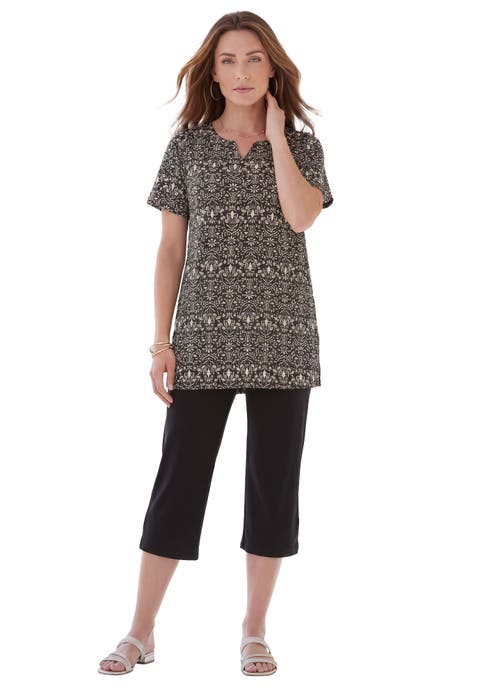 Plus Size Soft Knit Print Tunic With Notch Neckline